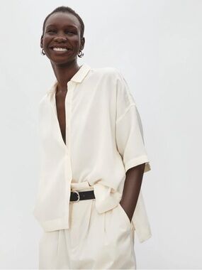 Everlane The Drapey Square Shirt Womens Size L Bone Tencel Boxy
